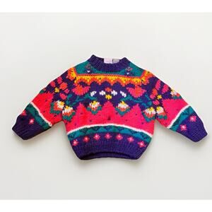 Vintage Mine Alone Toddler Sweater 2T Hand Knit Bright Colorful 90s Kids